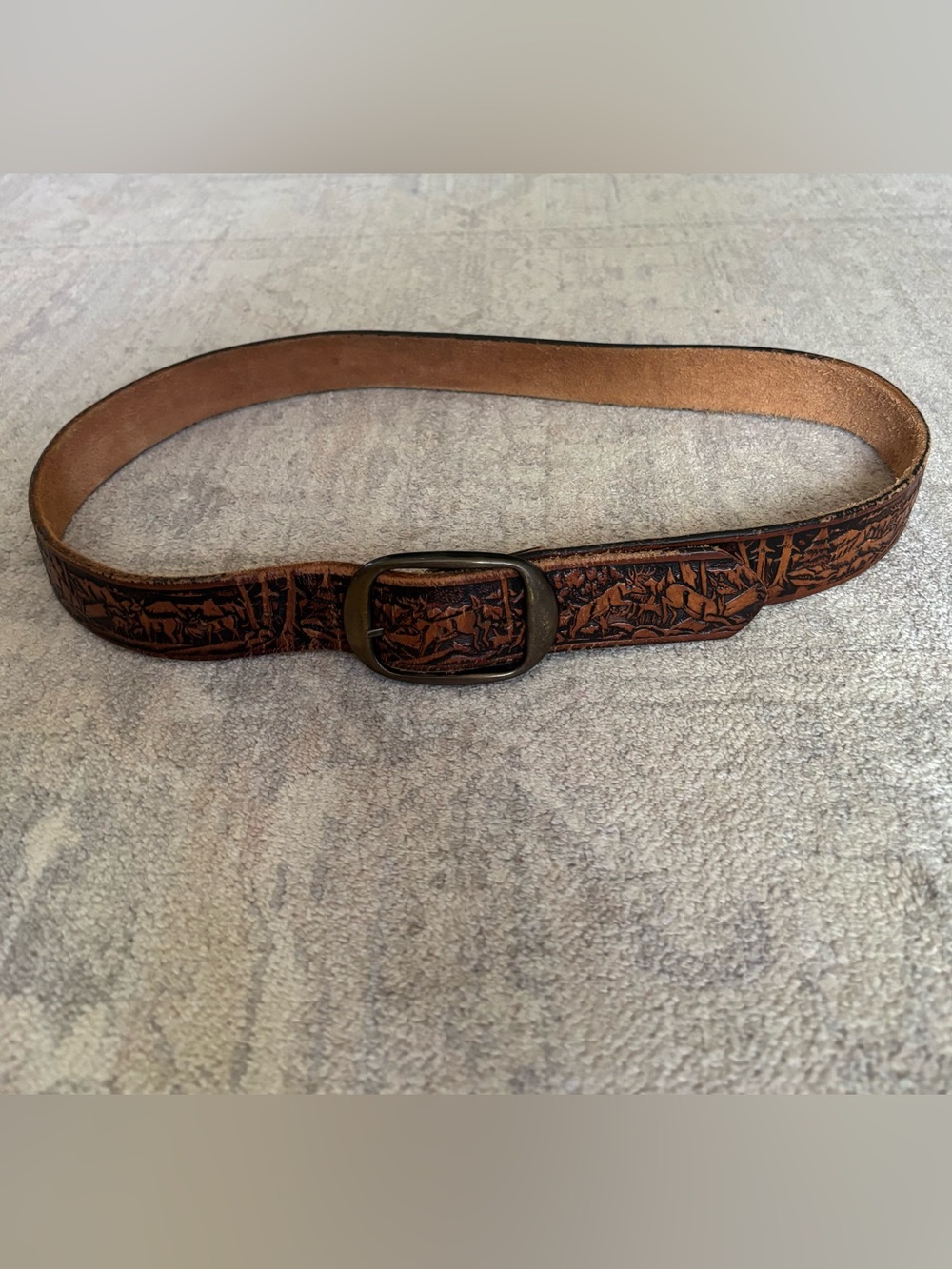 American Vintage Tooled Leather Belt in Brown with Antique Buckle